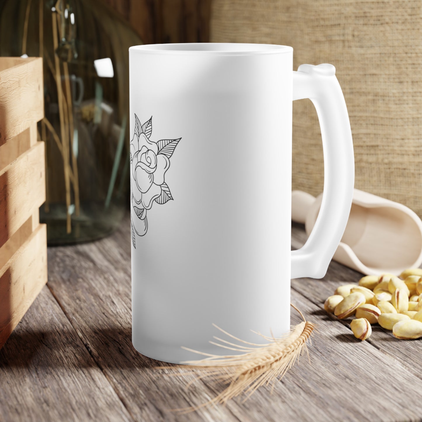 Rose Tattoo Frosted Glass Beer Mug