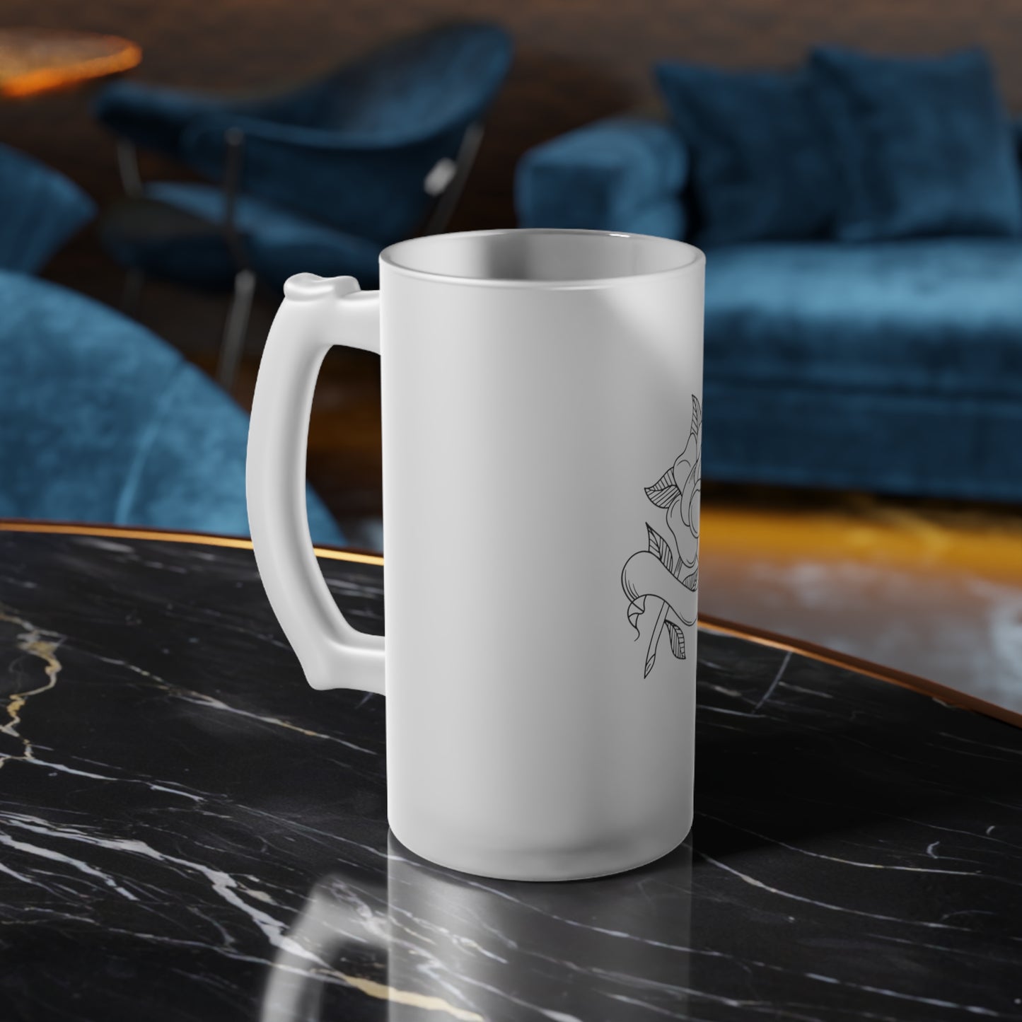 Rose Tattoo Frosted Glass Beer Mug