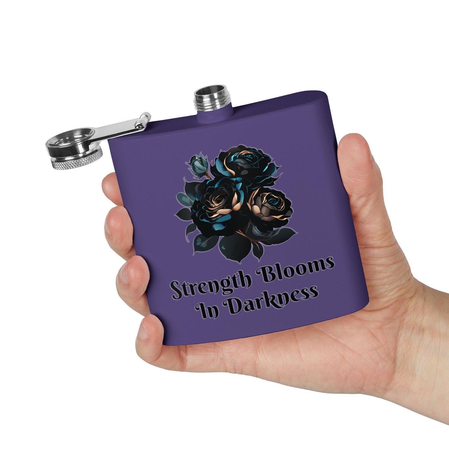 Strength Blooms in Darkness Stainless Steel Flask, 6oz